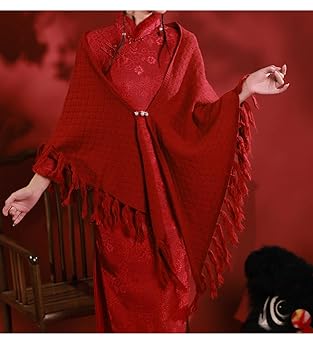 Red Shawl Cheongsam with Cape and Cape Over Toasting Gown at